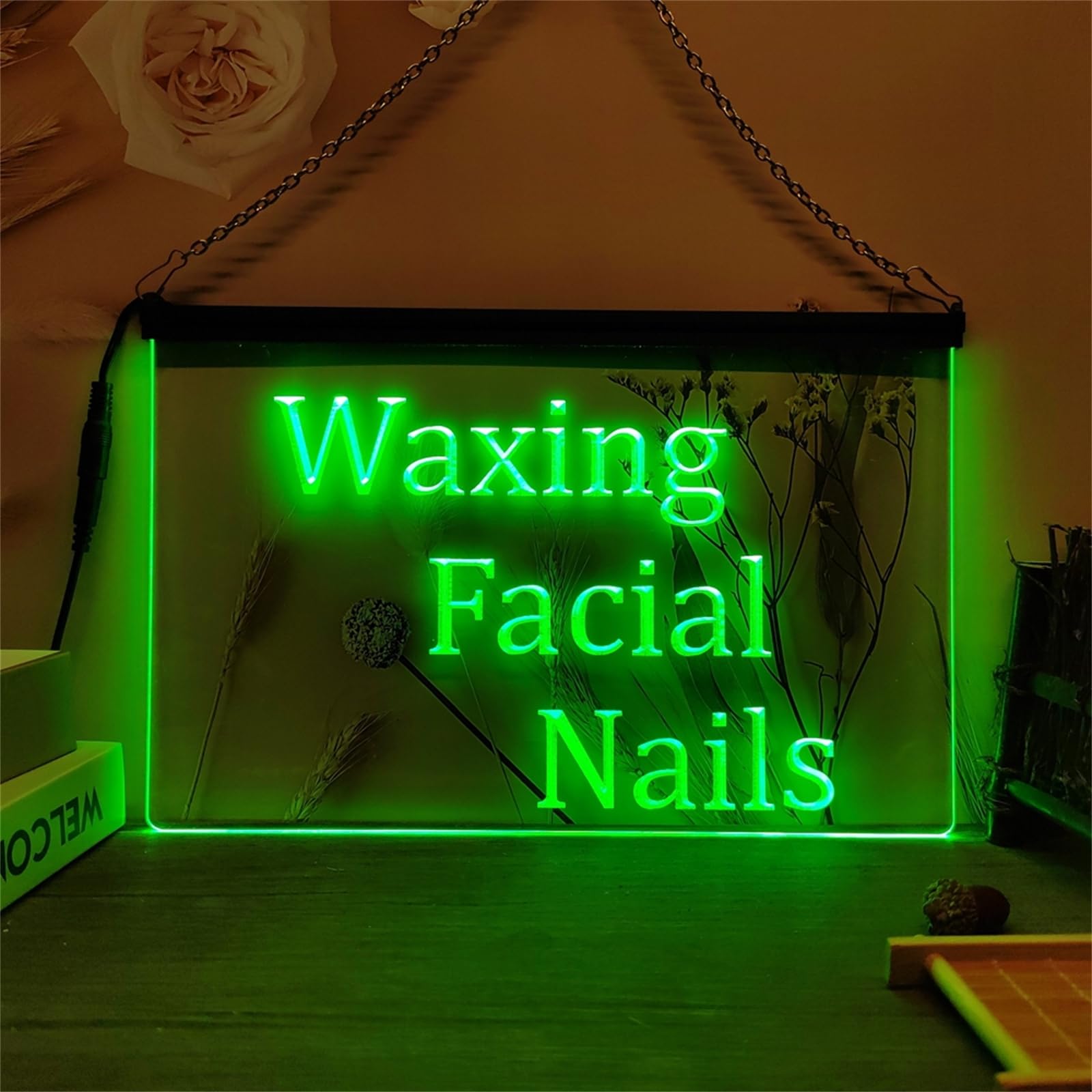 Insegna al Neon a LED per Unghie facciali con ceretta, luci al Neon con Intaglio 3D per Salone di Bellezza per Decorazioni murali per Sale Business Insegne Luminose USB,Verde,60x40cm