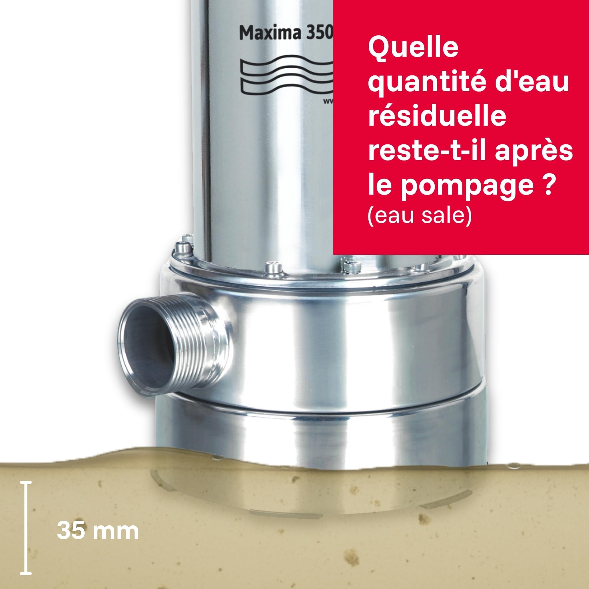 T.I.P. Maxima 350 IPX Pompe Submersible pour Eaux Usées en Acier Inoxidable avec Pied Extensible et Poignée Débit 20000 l/h Hauteur de Refoulement 8 m Puissance nominale 800 Watts Couleur Argent