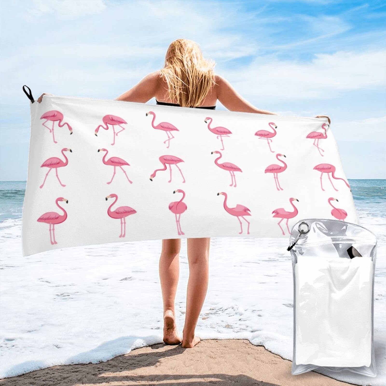 DIEzig Flamingos On White Print Beach Towel Fast Dry Thin For Holiday Vacation Cruise Gym Swimmers