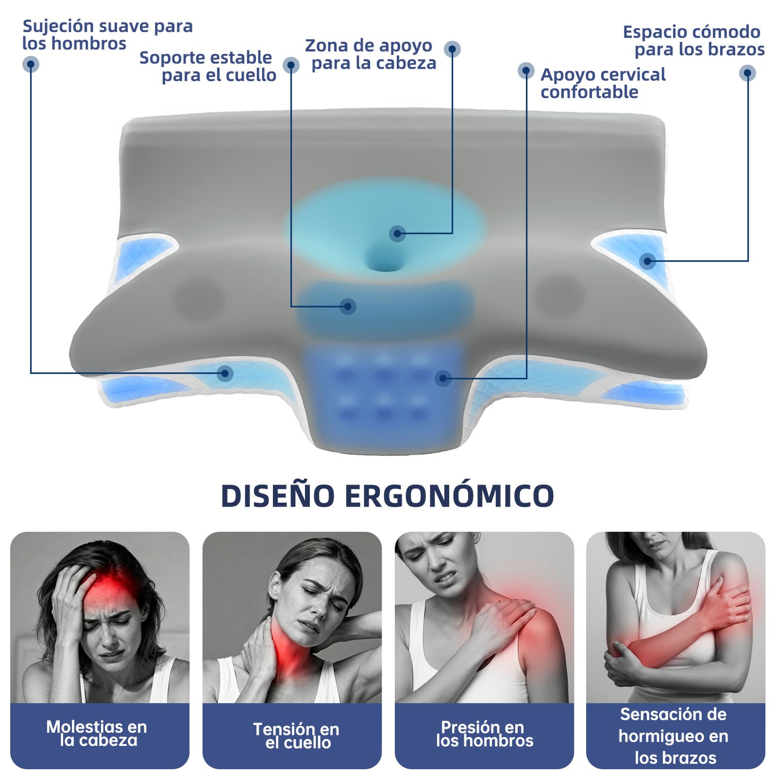 Almohada 2 en 1 de Espuma con Memoria, Ergonómica y Reversible | Doble Altura Soporte Cervical Perfecto para Dormir de Lado, Boca Abajo y Espalda, 60x42x14/12 cm, Gris y blanco