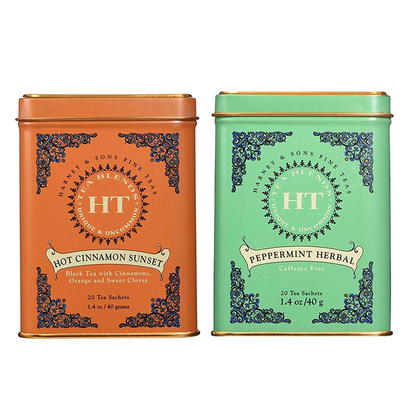 Harney & Sons Peppermint Herbal Caffeine Free with Caffeinated Hot Cinnamon Sunset Black Tea with Orange and Clove (20 Sachets)