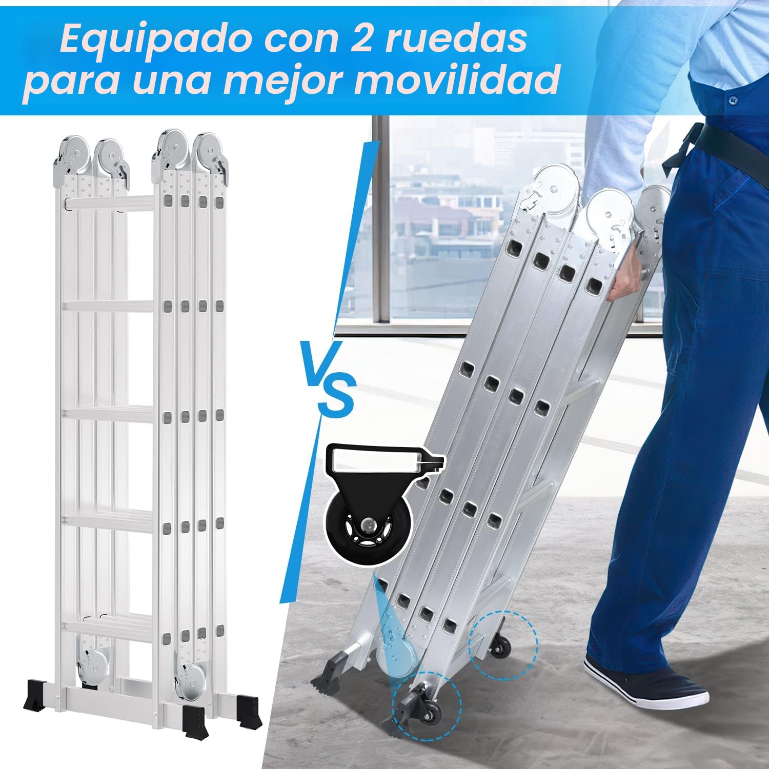 Escalera multiusos de aluminio de 5.8M 4x5 peldaños, escalera multifunción con plataforma, escalera con 2 estructuras, escalera de peldaños hasta 150 kg, escalera plegable de 20 peldaños