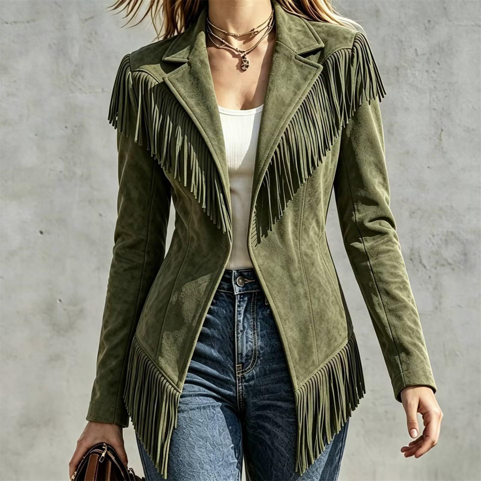 Camoscio Cowgirl Giacche Donna Manica Lunga Aperto Anteriore Vintage Frange