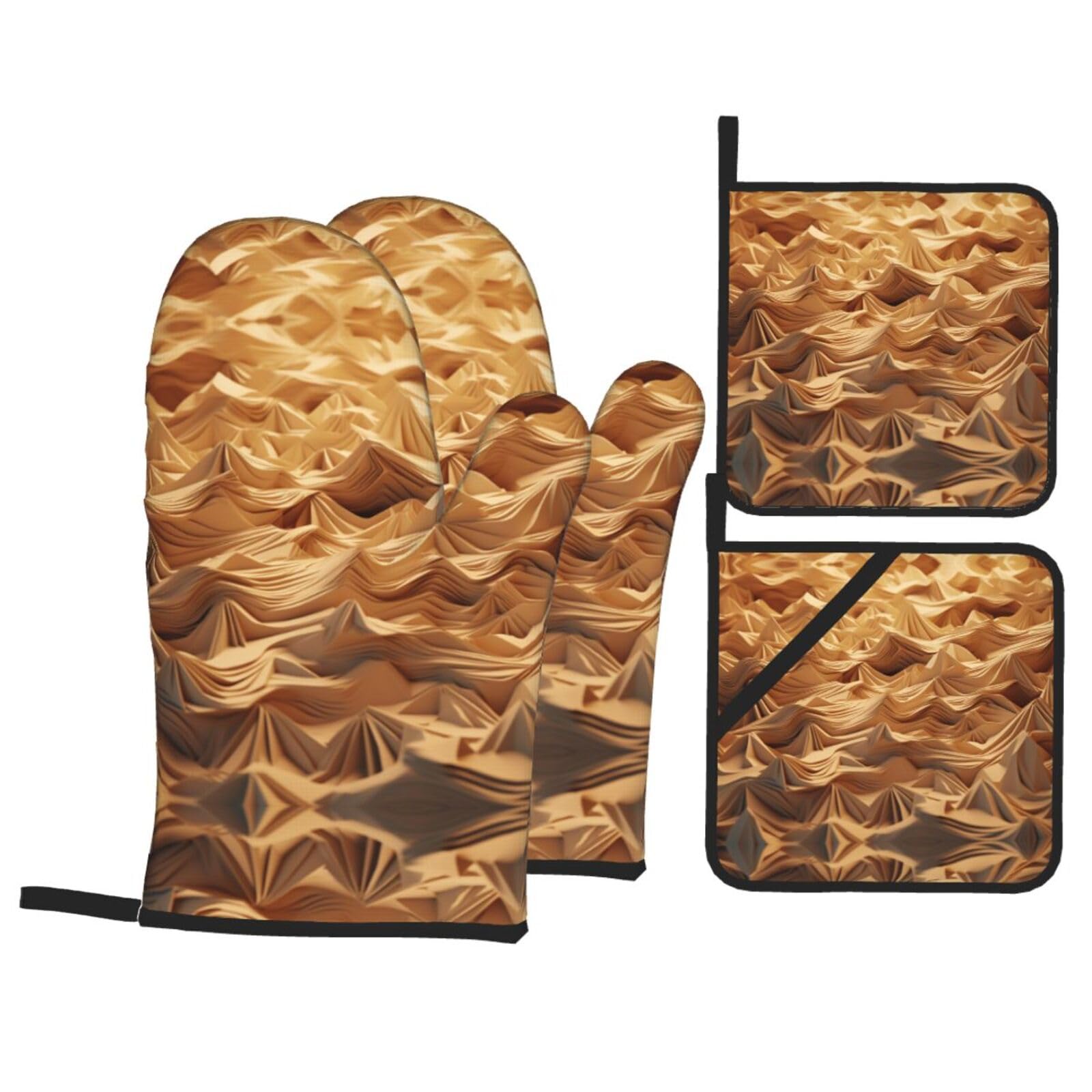 Cute Oven Mitts and Pot Holders Set - Heat Resistant Kitchen Mittens with Unique Customized Patterns, 4-Piece Set Including 2 Oven Mitts and 2 Pot Holders Ice Cream Mountain