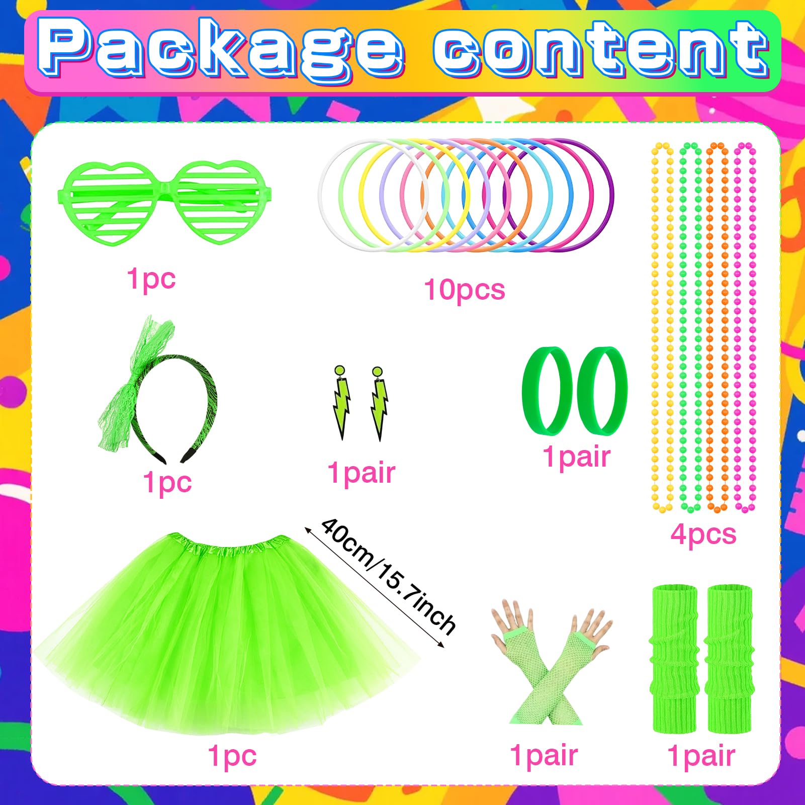Meriviva 25 Pcs 80s Fancy Dress for Women 1980s Accessories with Neon Tutu Skirt Bracelets Necklaces Leg Warmers Fishnet Gloves Headband Glasses Earrings for 80s Party Dress Up (Green) - Image 2