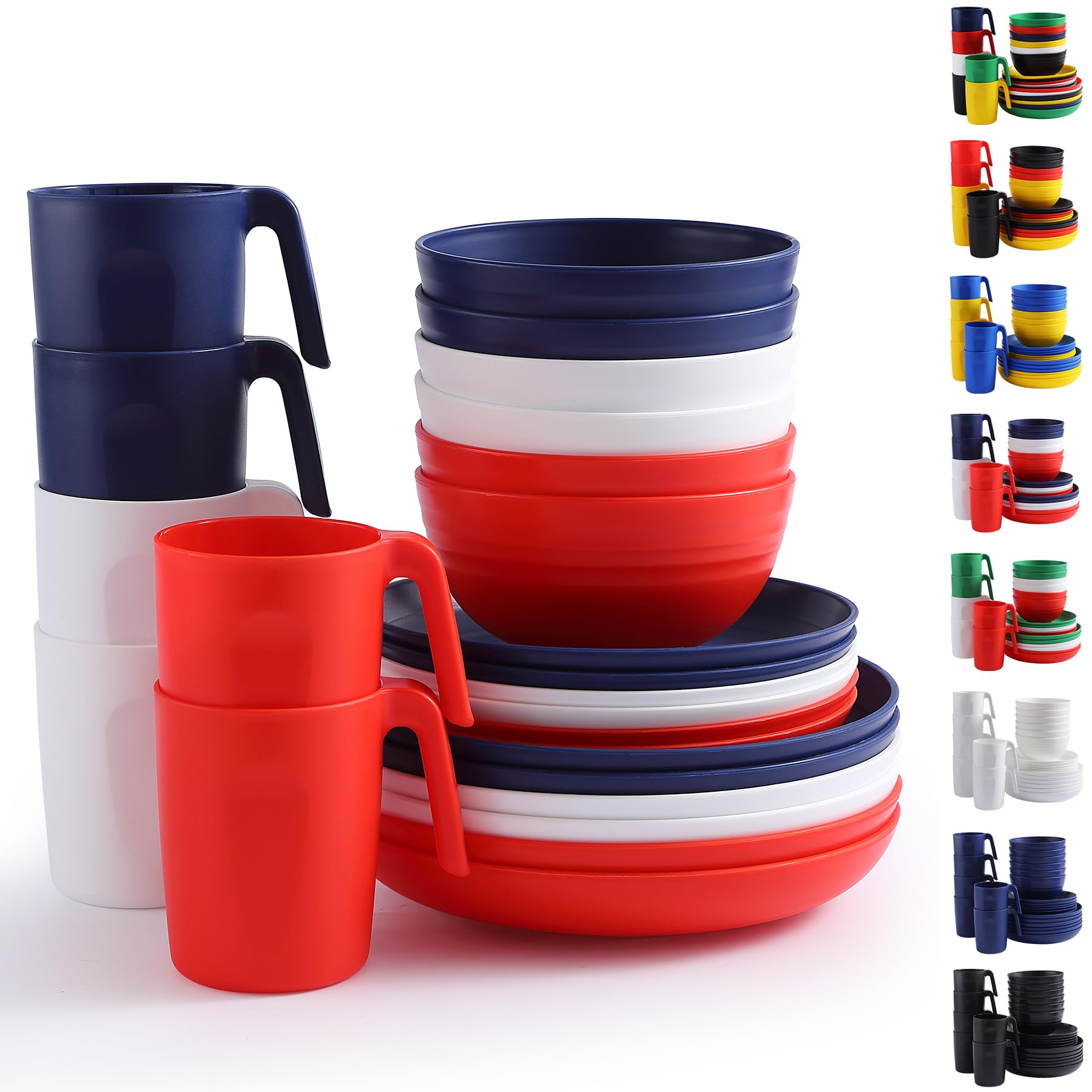 Berglander Plastikgeschirr-Sets 24-teiliger für 6 Personen, wiederverwendbare Teller und Schüsseln-Sets mit Speisetellern, Desserttellern, Müslischalen, Tassen für Zuhause, Garten, Picknick, Camping
