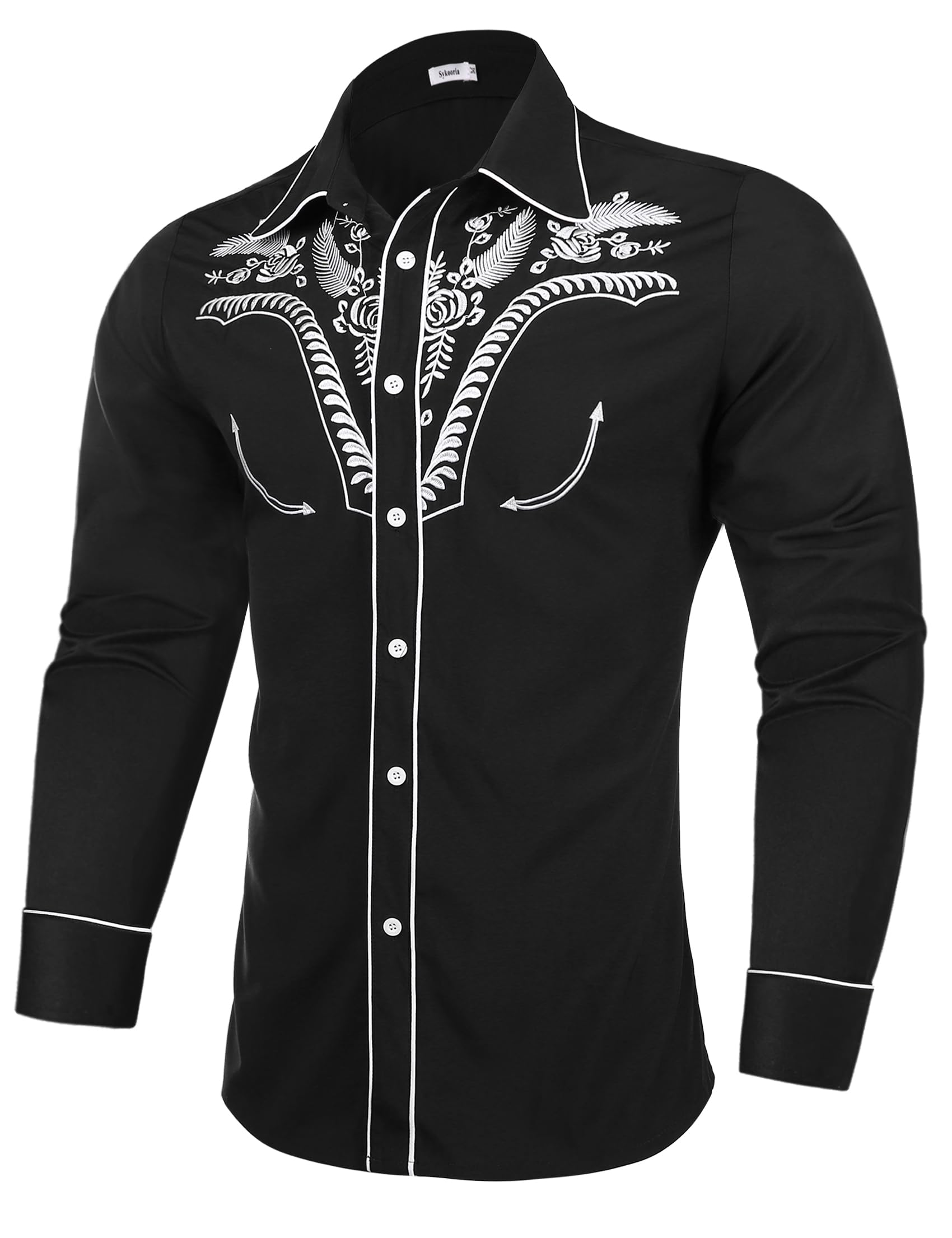 Sykooria Men's Shirts Long Sleeve Casual Vintage Floral Embroidery Button Down Western Shirts Regular Fit S-XXL
