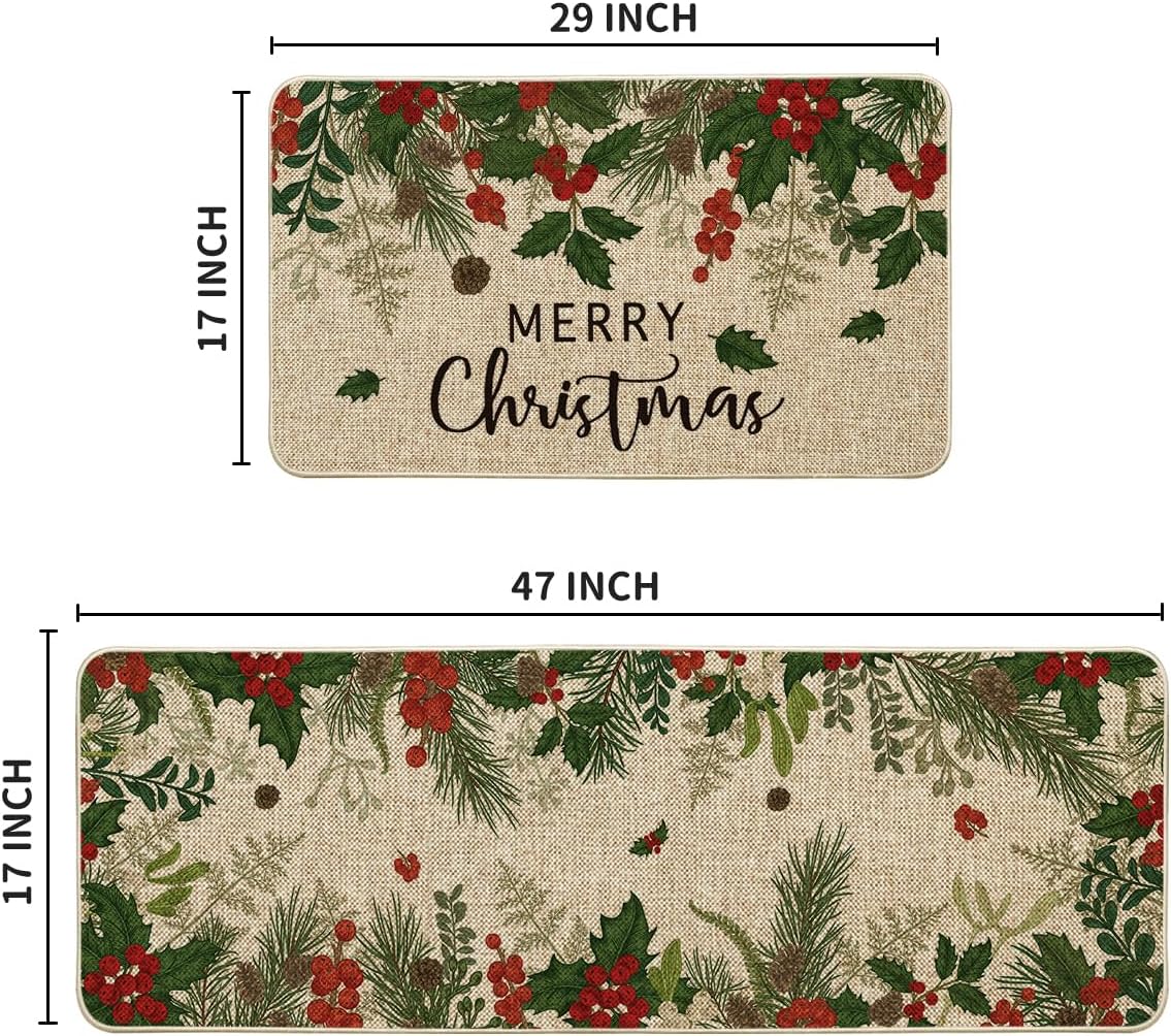 Artoid Mode Leaves Holly Merry Christmas Kitchen Mats Set of 2, Winter Home Decor Low-Profile Kitchen Rugs for Floor - 17x29 and 17x47 Inch