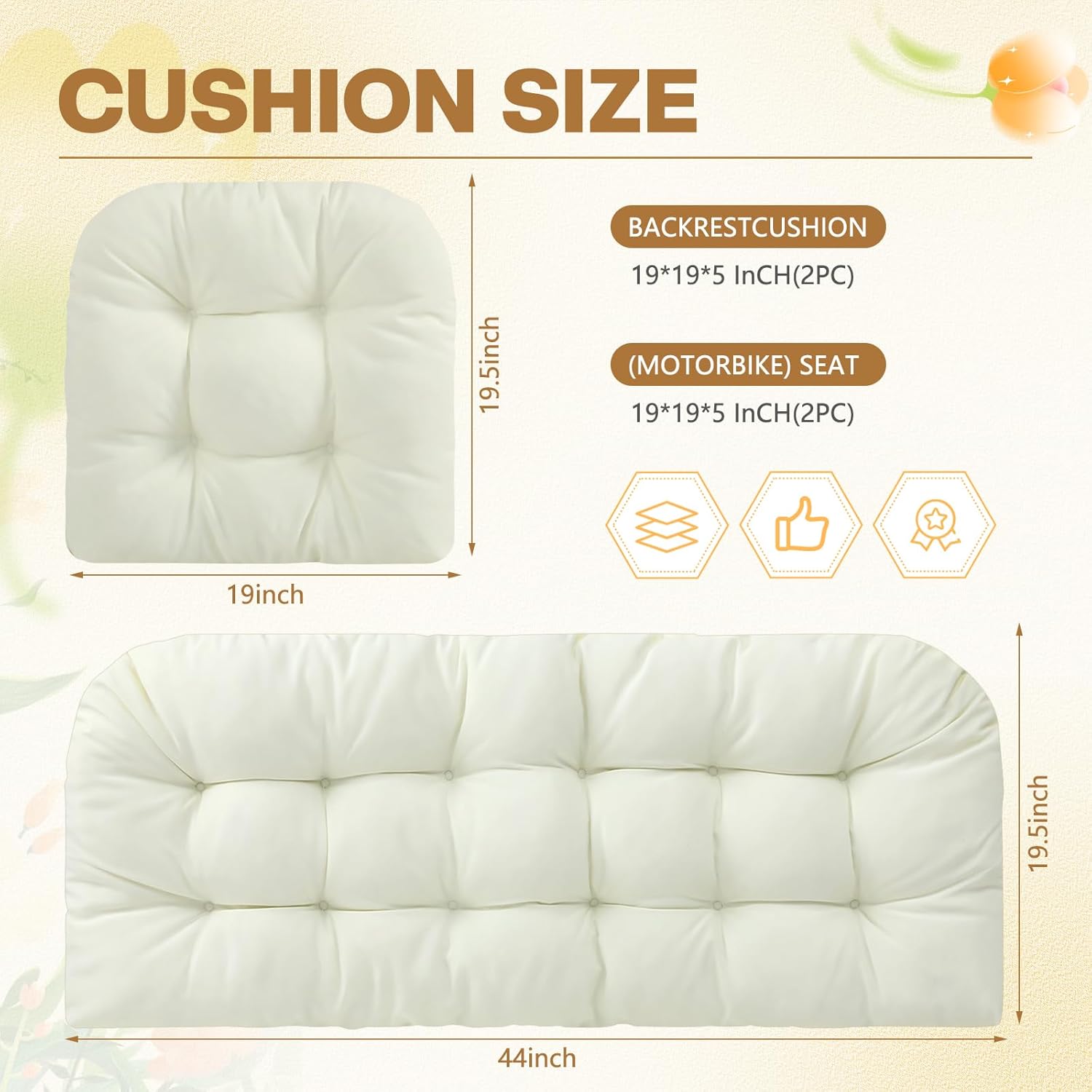 Barydat 3 Pack Wicker Furniture Cushions Waterproof Outdoor/Indoor Tufted Wicker Chair Cushions 1 Loveseat and 2 U-Shape Rattan Chairs for Patio Furniture, Rattan Love Seat, Bench(Cream)