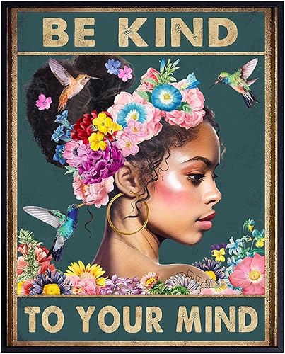 Black Women African Americans Wall Art - Black Girl - Be Kind to Your Mind Inspirational Quotes - Hummingbirds Mental health Wall Art Poster - Zen