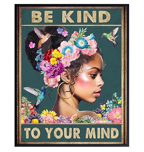 Black Women African Americans Wall Art - Black Girl - Be Kind to Your Mind Inspirational Quotes - Hummingbirds Mental health Wall Art Poster - Zen