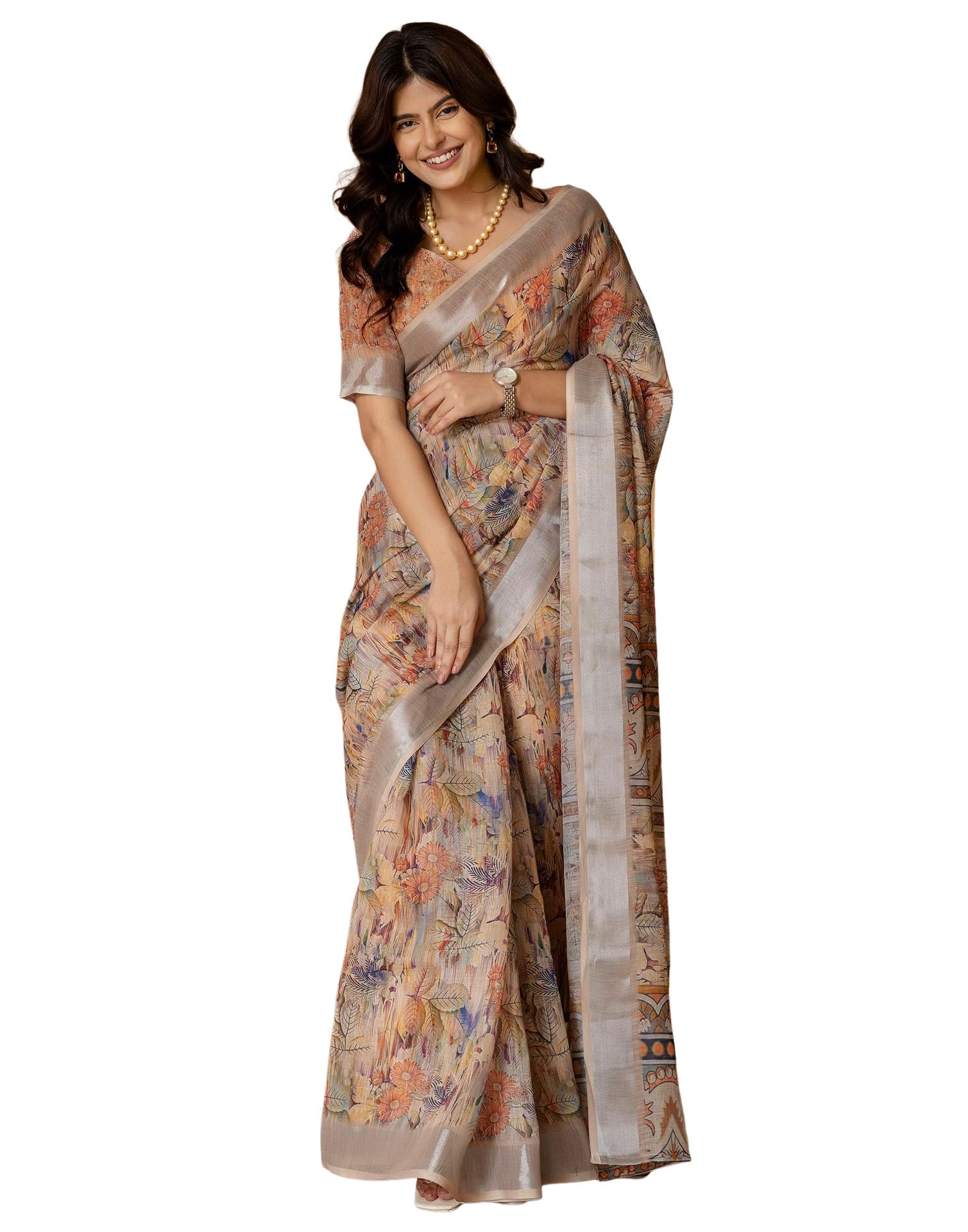 siril Women's Linen Floral Print One Minute Ready To Wear Saree-picture-4