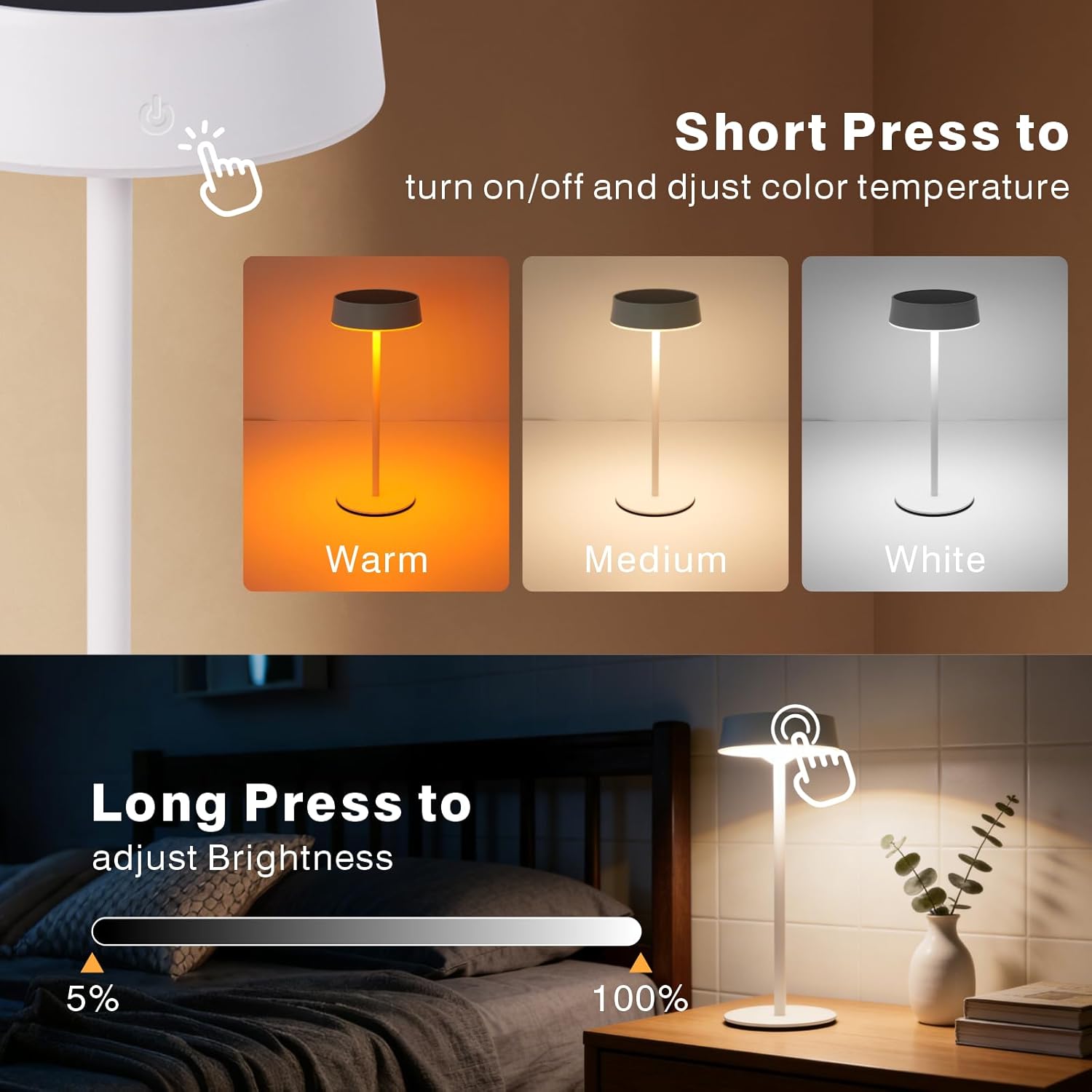 Solar Table Lamp, Waterproof Shower Lamp with 3 Color Dimmable, Rechargeable LED Lamp for Outdoor, Patio, Garden, Camping, Bathroom, Bedroom (White)