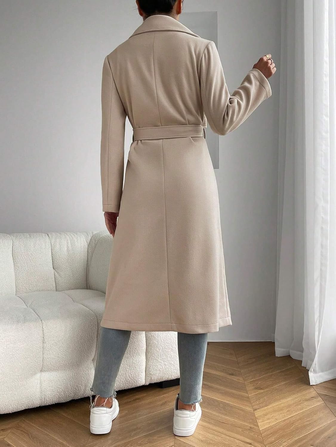 Women's Trench Coat Casual Lapel Neck Double Pocket Belted OverCoat Long Sleeve Classic Overcoat