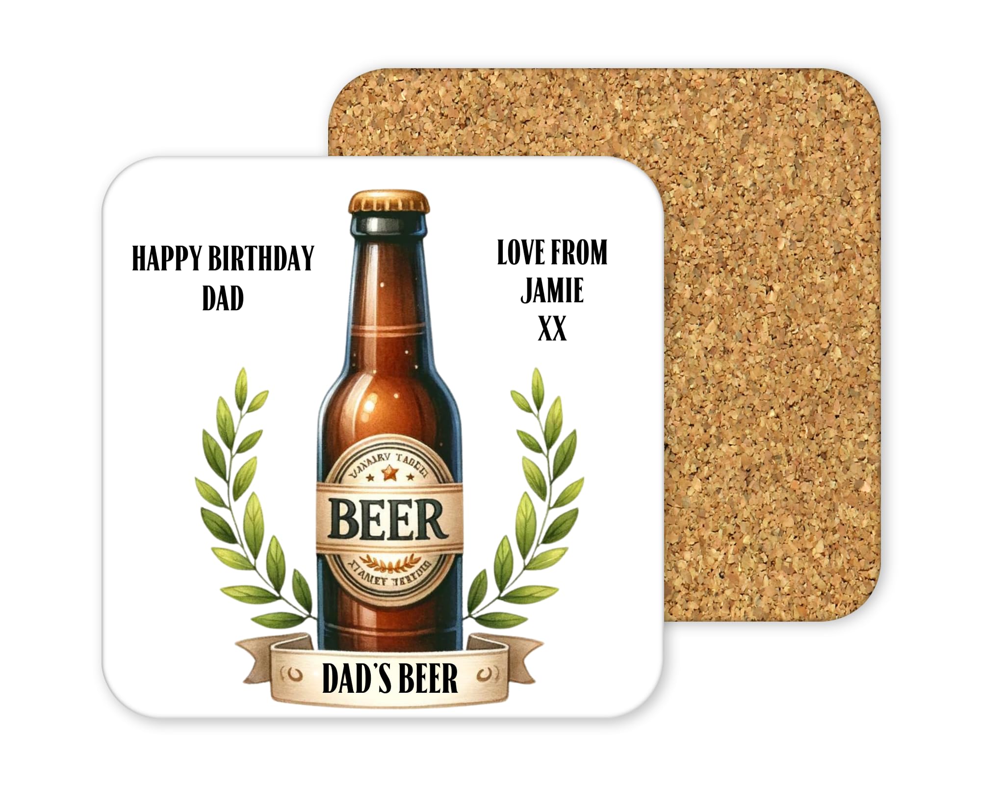 Personalised Cork-Backed Drinks Coaster, Square 9.6cm Drink Mat, Customisable Design for Birthday, Special Occasion Gifts, White Surface with Protective Base (Beer Bottle)