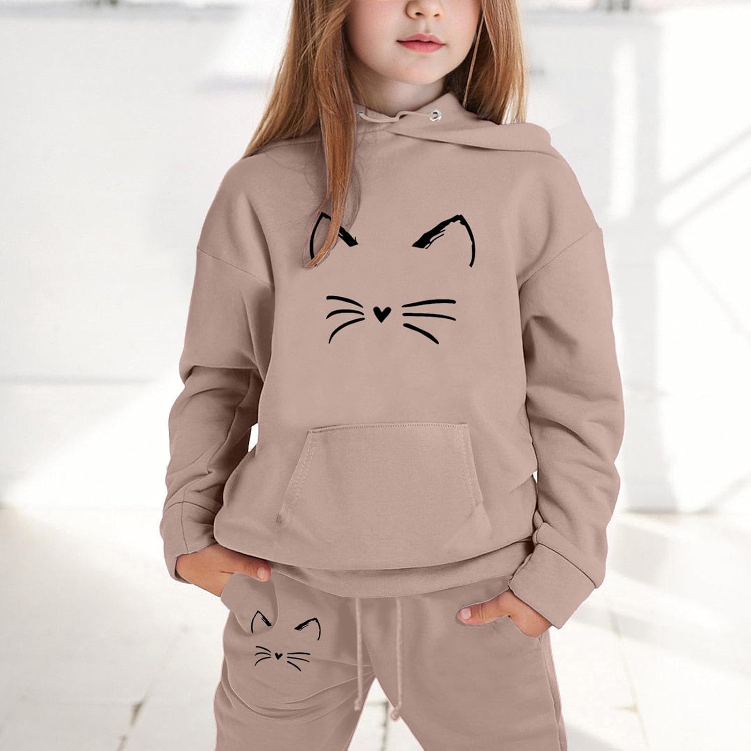 2 Piece Fall Outfits Hoodie for Girls Cartoon Casual Children Tracksuit Sets Sweatsuit Sets Long Sleeve Hooded Comfy