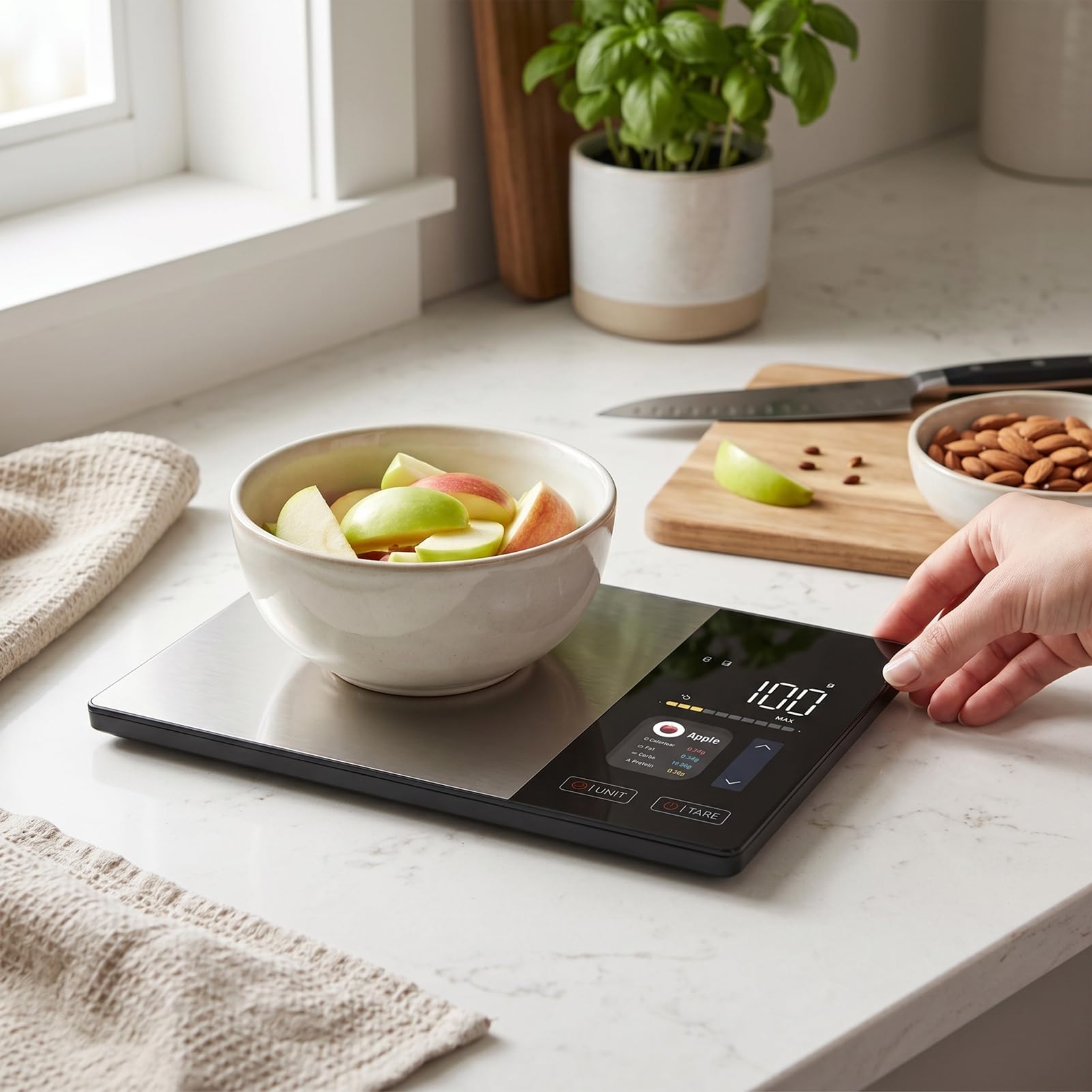 Bewinner Báscula Digital de Cocina para Alimentos de Acero Inoxidable de Alta Precisión para Hornear, Cocinar, Seguimiento de Nutrición - Pantalla LCD, Diseño Portátil para Fitness y Pérdida de