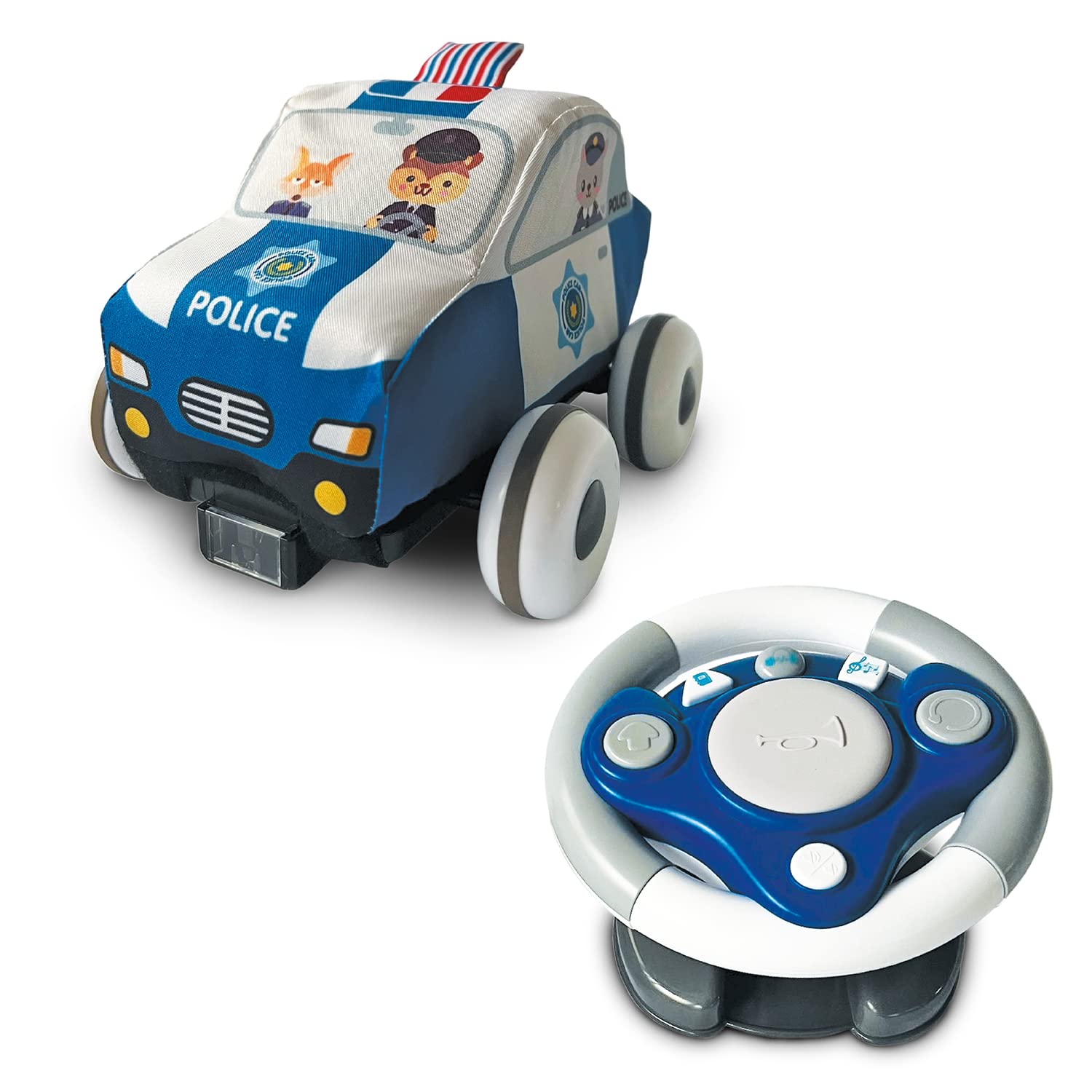 MONDO Toys - Soft Sponge Polizeiauto - IR Soft-Schwamm-Maschine waschbar - Lenkradfernbedienung Multifunktion inklusive - 5 Kinderlieder, 2 Lieder zum Lernen, 18 MIDIS - 63736