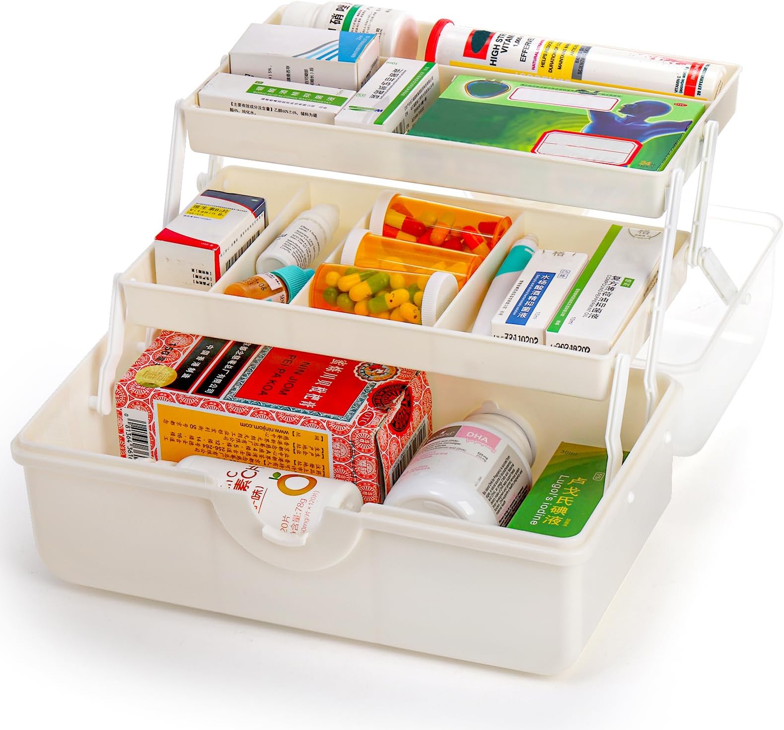 Lawei 3-Layer Medication Storage Multi-Purpose Storage Box Medicine Cabinet Portable with Handle Medicine Case Craft Box Sewing Supplies Organiser First Aid Case Medicine Box Transparent White