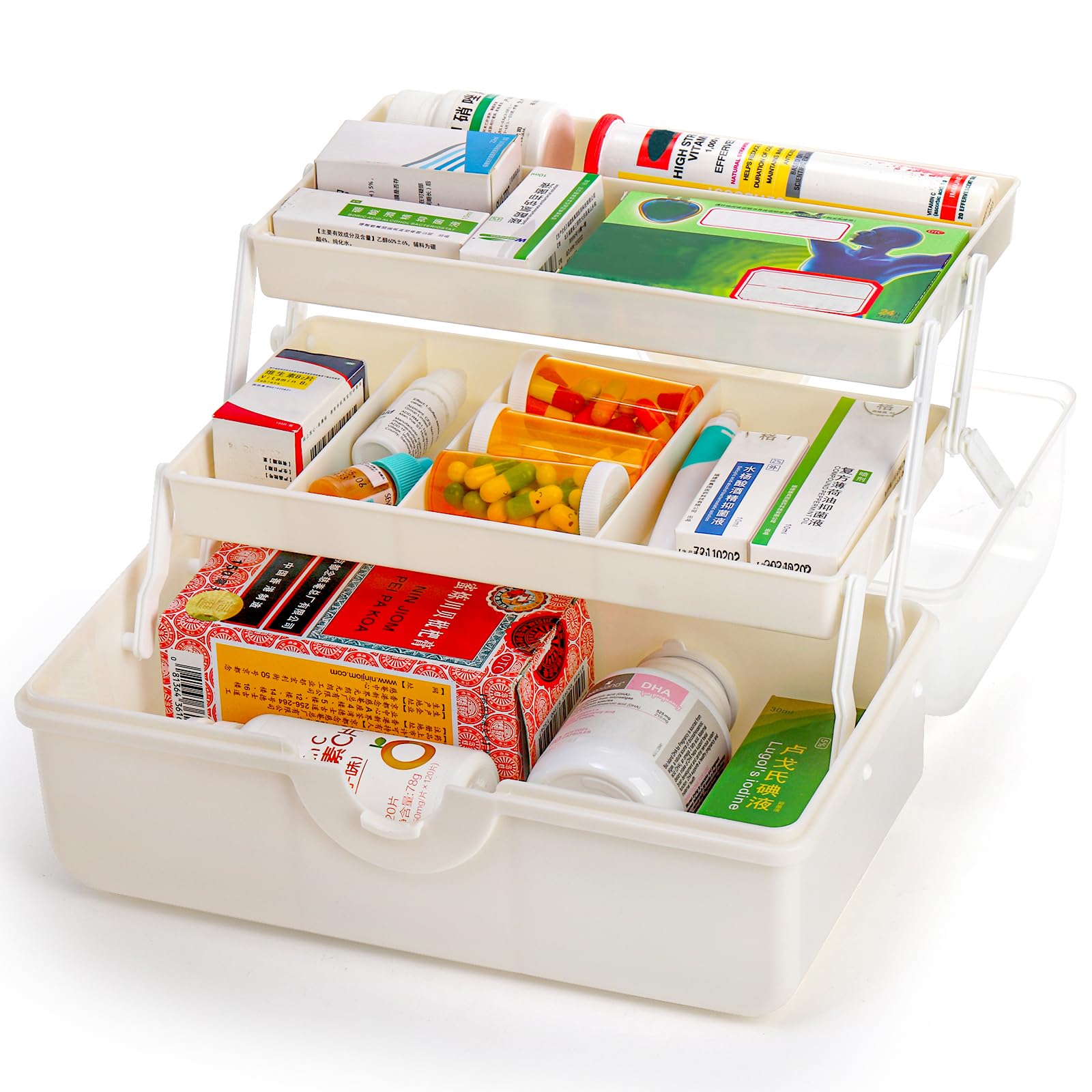 Lawei 3-Layer Medication Storage Multi-Purpose Storage Box Medicine Cabinet Portable with Handle Medicine Case Craft Box Sewing Supplies Organiser First Aid Case Medicine Box Transparent White
