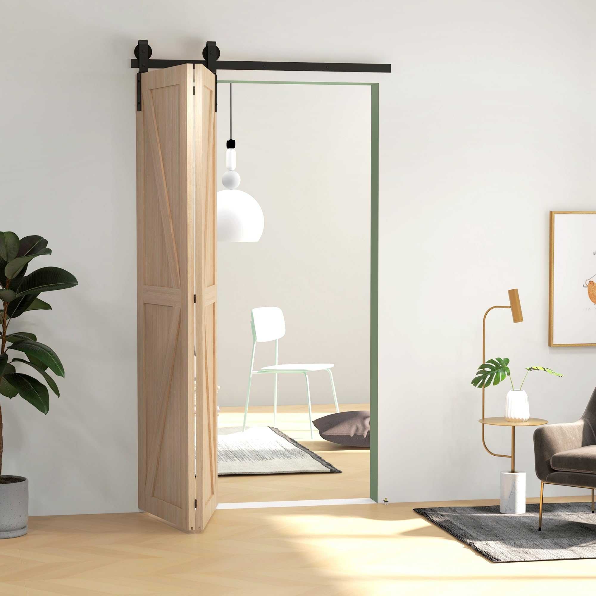 HOMCOM 122 CM Quincaillerie de Porte Coulissante Pliante 2 Portes Noir | Kit de Rails de Porte Coulissante Pliable, en Acier, avec Cintre en Forme de J