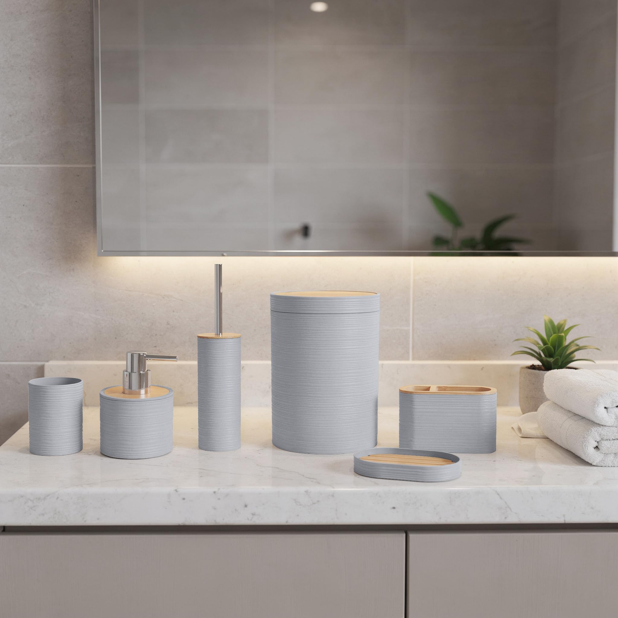 GC GAVENO CAVAILIA Bathroom Accessories Sets Complete - 15PC Rubbish Bin Lid Toilet Brush Holder Soap Lotion Dispenser Pump Container Toothbrush Tumbler Cup Dish Plate Base, Bathroom Decor, Silver