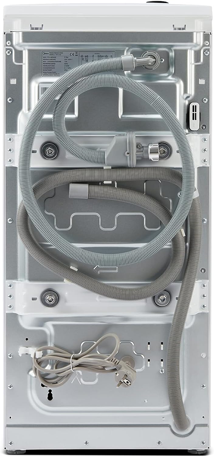 posterior view de la rentadora de càrrega superior Midea TW 7.83i diN que mostra les connexions de les mànegues