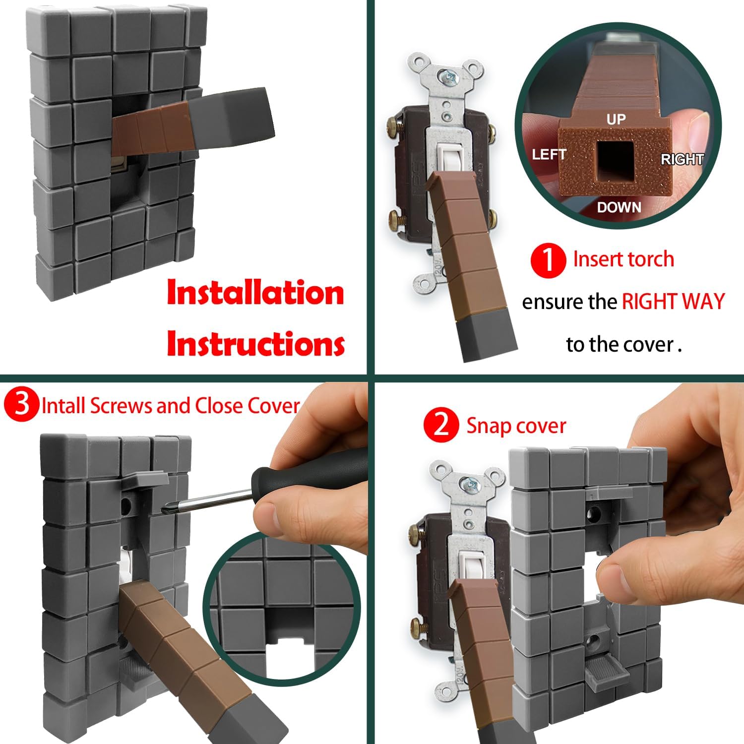Game Room Light Switch Cover, 1 Toggles Blocks Light Switch Cover, My World Room Decor, More Sturdy, 1 Gangs Standard Size for Fans Kids Bedroom Decoration, Grey stick level