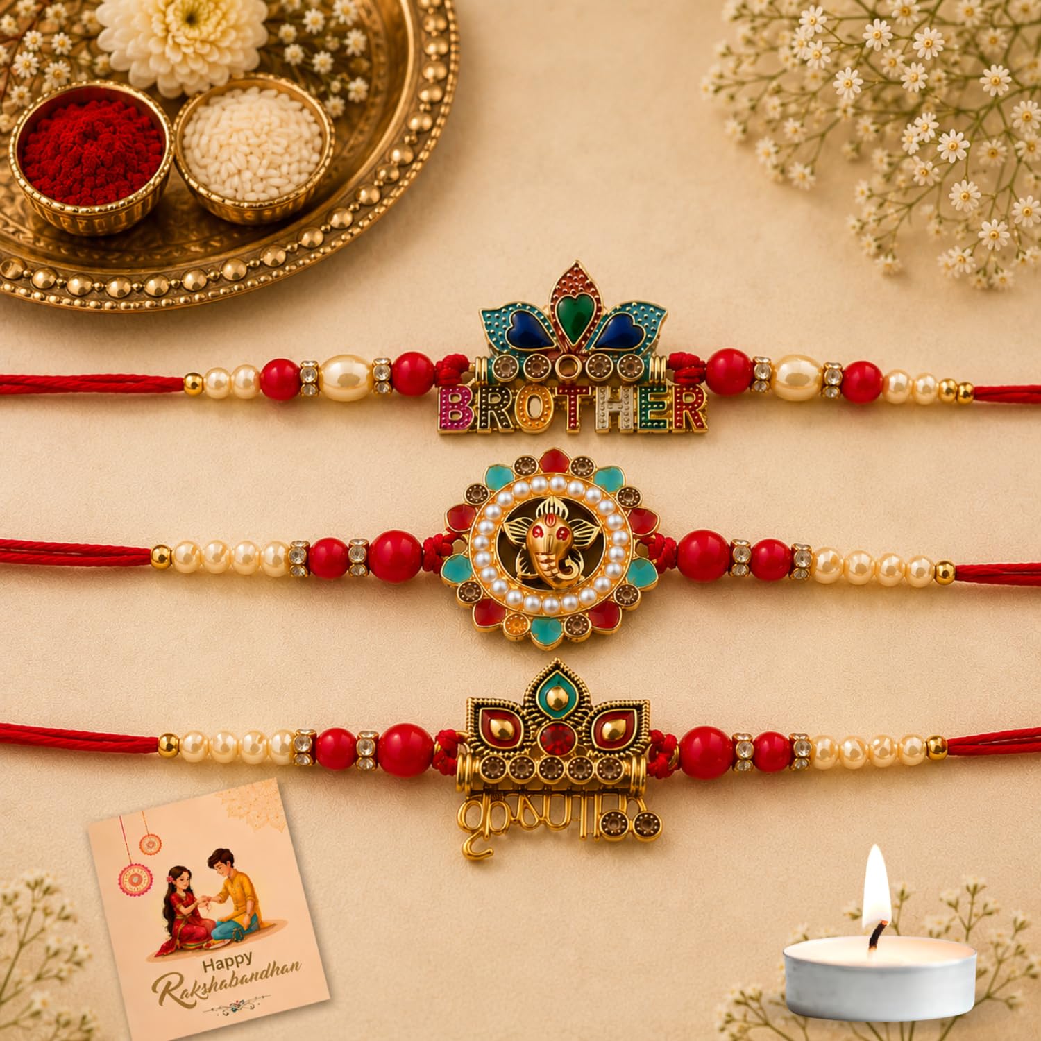 DRYPHON Premium Brother/Ganesh/Krishna Rakhi Set for Brother and Bhabhi |Rakhi Set with Roli Chawal Tilak Set and Greeting Card | Rakhi with Tealight Candle for Aarti (P-BGK03)-image-22
