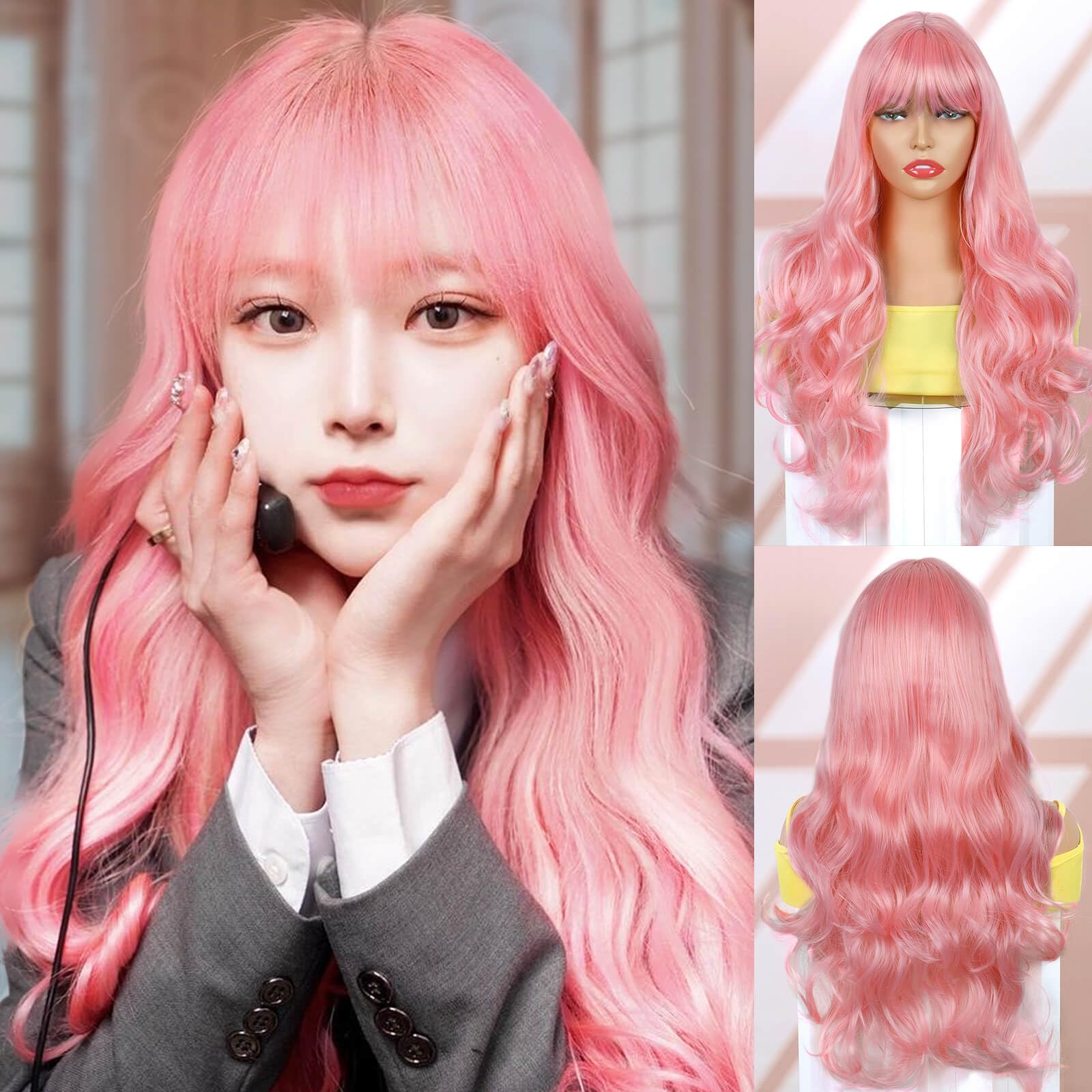 Creamily Pink Curly Full Hair Wig for Women Full Head Natural, Party Wigs Long Hair Wig for Woman, Anime Wigs with Bangs for Cosplay Anime (Pink, 23inches)
