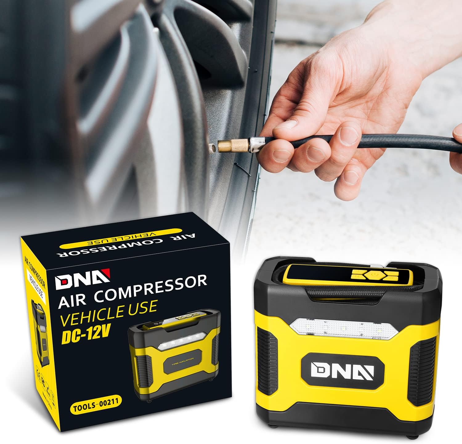 DNA MOTORING TOOLS-00211 Yellow 12V DC Digital Tire Inflator Portable Air Compressor with Pressure Gauge for Cars, Bicycles, Motorcycles,Balls - Image 7
