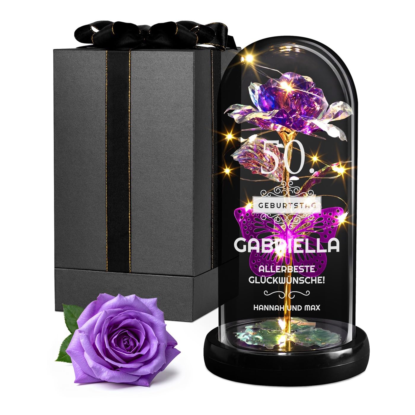 Maverton Infinity Rose mit Gravur personalisiert - Rose im Glas mit Licht - Geschenke für Frauen - Geburtstagsgeschenk für Frauen -personalisierte Geschenke zum Valentinstag zu Weihnachten