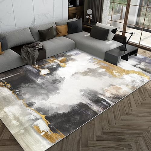 Alfombra moderna artística tradicional única para oficina en casa, sala de estar, dormitorio, cocina, tinta abstracta y lavado negro, gris y dorado,