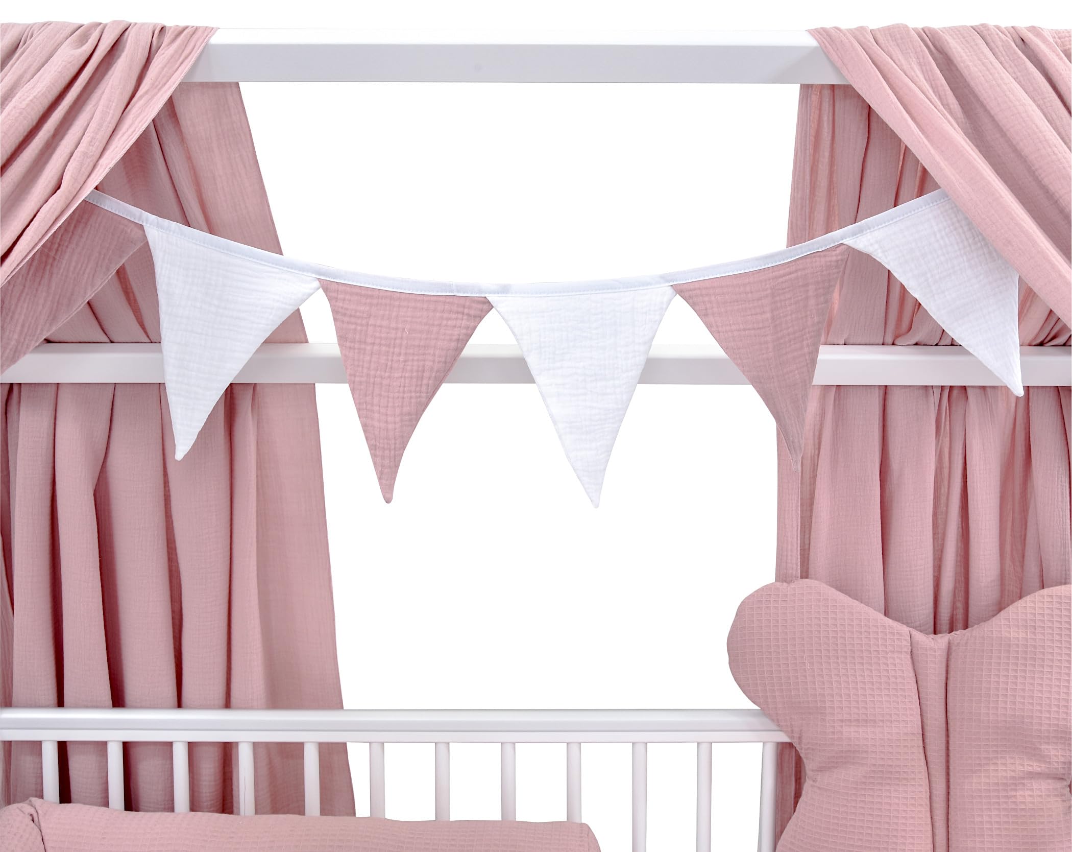Generisch Baby Delux Babybett Komplett Set Hausbett 60x120 cm weiß Rausfallschutz Kinderbett Matratze Bettwäsche Deko Set (Musselin Himmel, Rosa Musselin Waffelpique)