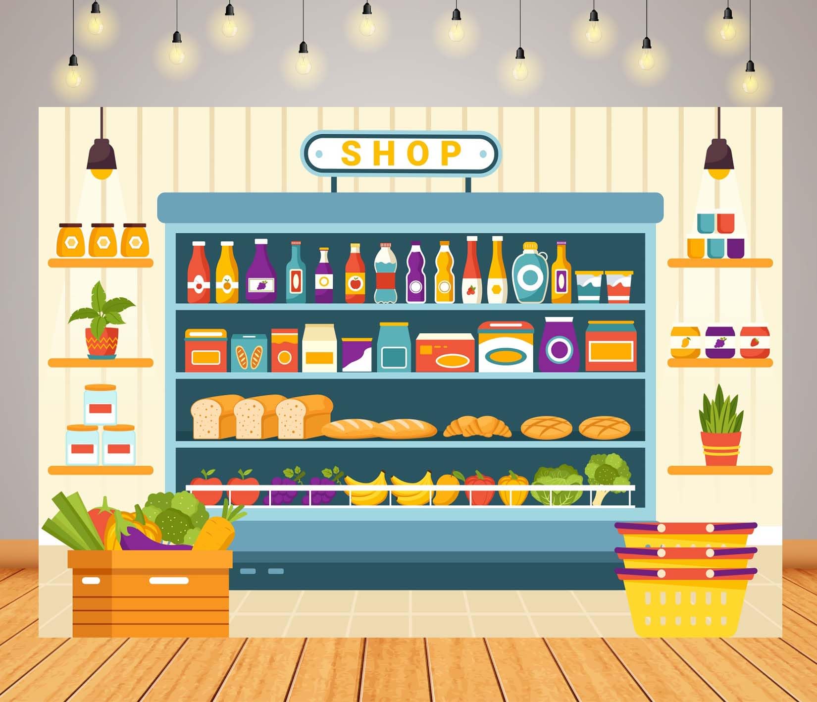 BELECO 6x3m Telo sfondo negozio di alimentari | Scaffale supermercato verdure frutta bevande sfondo tema shopping decorazione compleanno accessori foto