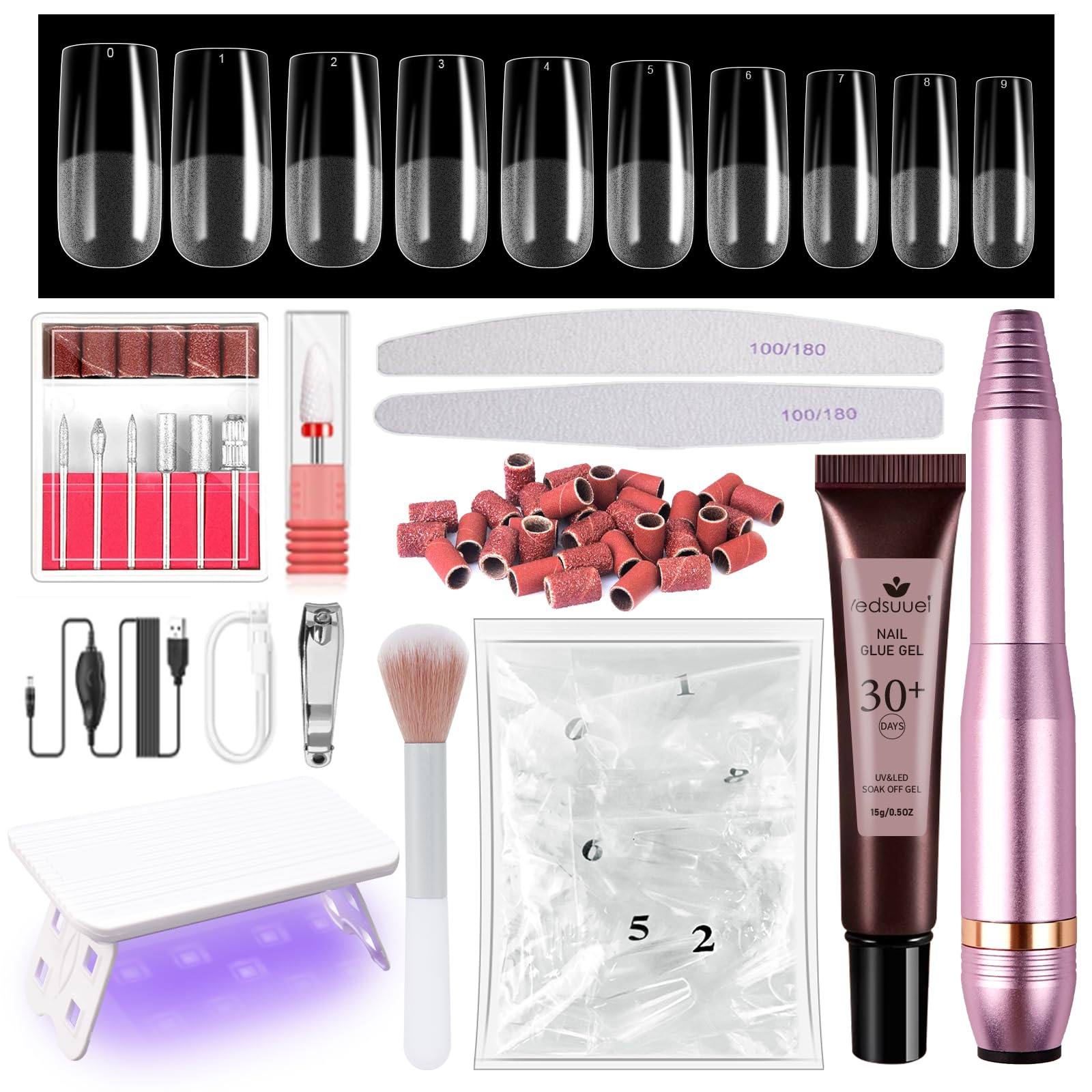 Gel X Nail Kit LEDSUUEI: Ultra-Sturdy 500PCS Short Square Gel Nail Kit with Nail Drill 0.5Oz Nail Glue Gel Portable LED Nail Lamp All-in-1 Gel X Starter Kit for Beginner
