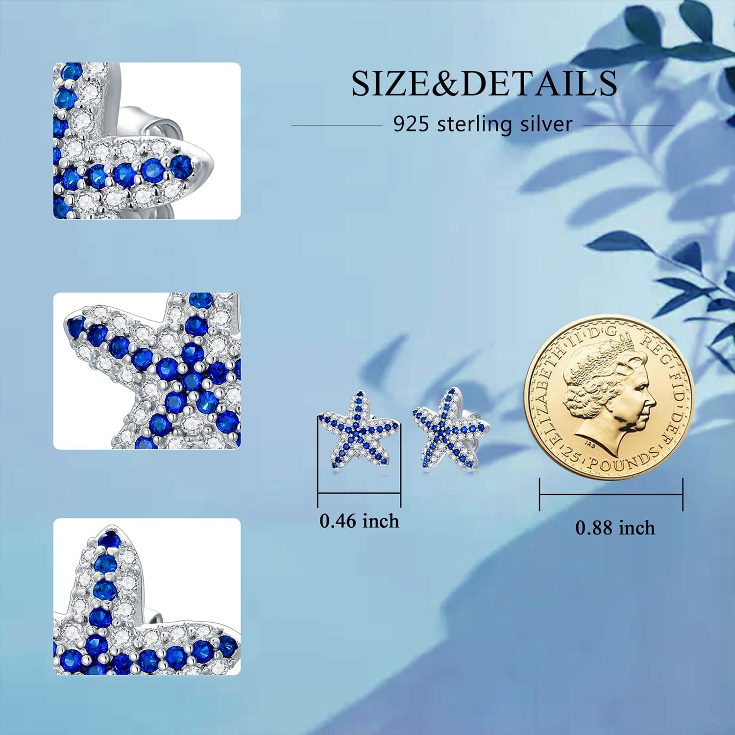 Blue White Zircon Starfish Earrings 925 Sterling Silver Studs Ocean Theme Women's Jewelry Cute and Dainty White Gold Plated - Image 7