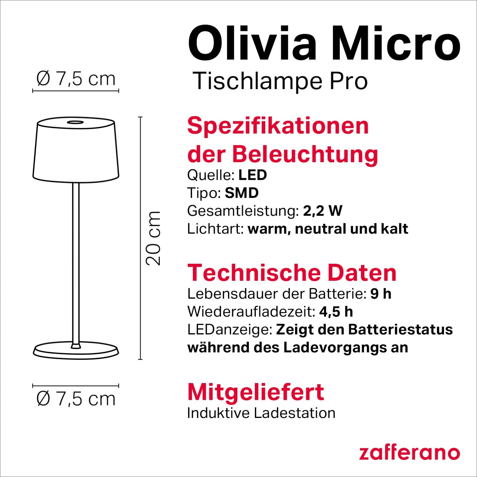 Zafferano, Olivia Micro Lampe, Kabellose, Wiederaufladbare Tischlampe mit Touch Control, Auch für den Außenbereich Geeignet, Dimmer, 2200-3000 K, Höhe 20 cm, Farbe Weiß