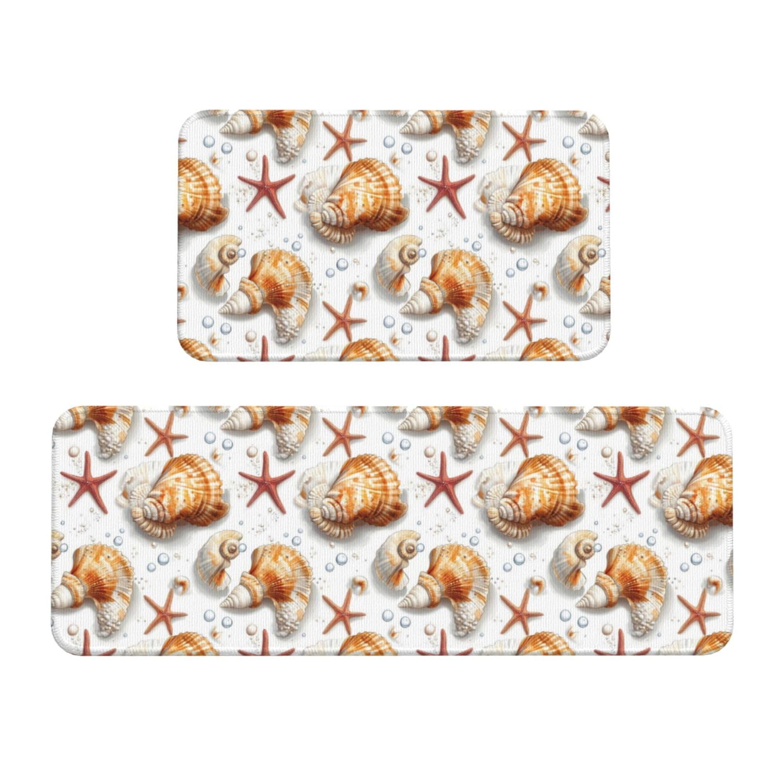 GVYGVY Antifatigue Kitchen Mats for Floor 2 Piece - Cute Starfish Conch Print Kitchen Rugs Washable, Non Slip Runner Rug Standing Mat for Office/Bathroom/Laundry/Home Decor and Accessories