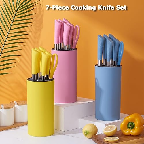 Miniatura 2 de Juego de cuchillos de cocina, 7 piezas de cuchillos de cocina rosados con bloque redondo, juego de cuchillos afilados de acero inoxidable para