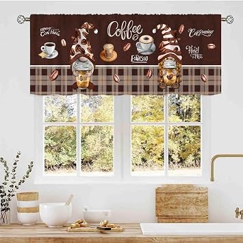 Farmhouse Valance Curtains for Kitchen, Brown Vintage Coffee Gnome Theme Latte Cappuccino Tea Cup Cute Rod Pocket Small Window Valance Curtains for Living Room Bedroom Cabinet Bathroom, 54"x18" Inch