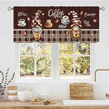 Farmhouse Valance Curtains for Kitchen, Brown Vintage Coffee Gnome Theme Latte Cappuccino Tea Cup Cute Rod Pocket Small Window Valance Curtains for Living Room Bedroom Cabinet Bathroom, 54"x18" Inch