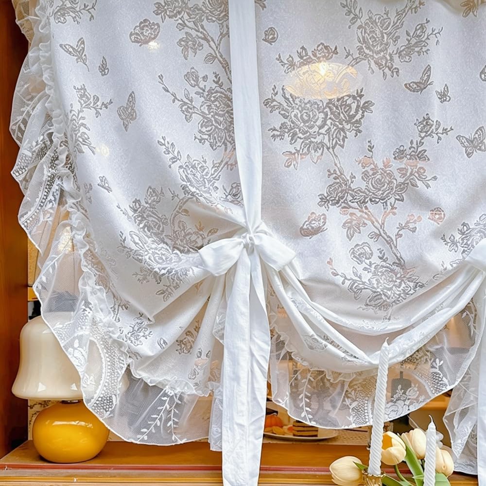 2PC Victorian Style Hollowed Butterfly Floral Lace Tie Up Balloon Curtain, Romantic White Liftable Tier Roman Shade, Kitchen Valance with Rod Pocket for Wedding Valentine's Decor (59Wx59L inch)