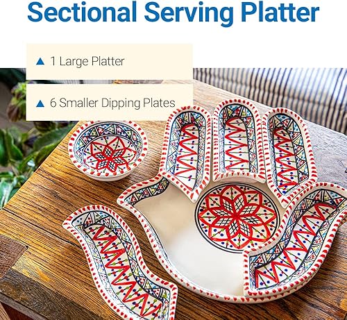 Miniatura 3 de KAMSAH Juego de inmersión y servir de Hamsa rojo bohemio, versátil decoración de cerámica hecha a mano