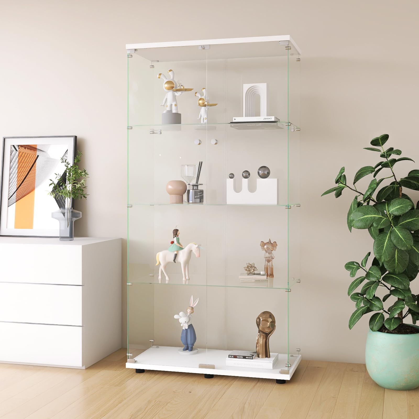Vitrina de cristal, con 4 estantes de cristal, vitrina para colección con 2 puertas y cerradura para dormitorio, salón (blanco, puerta doble, 36 x 80 x 164 cm)