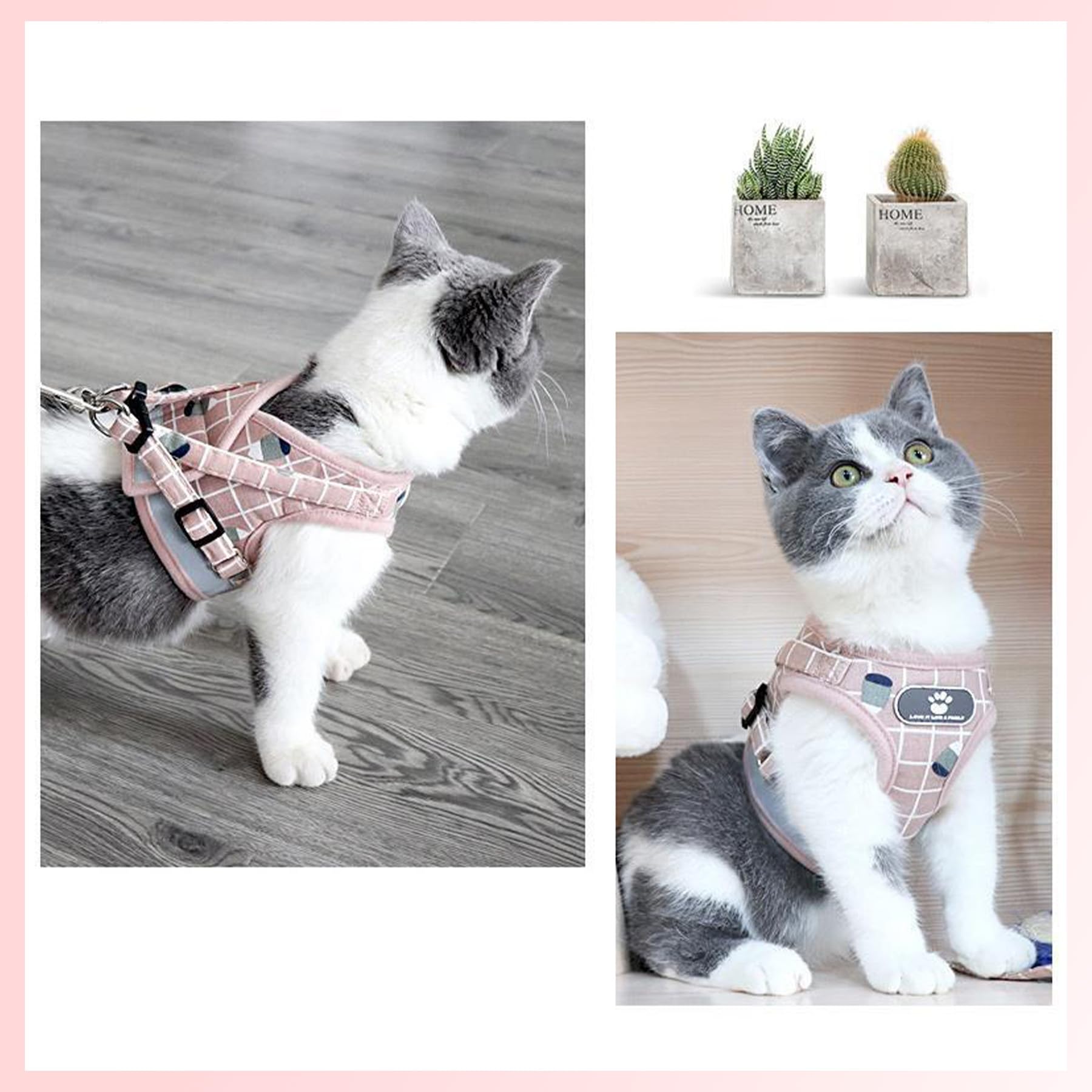 MAIGO Pink/Grey Tartan Adjustable Vest-style Reflective Pet Harness, Cat Harness, Cat Harness And Lead Set - Image 2