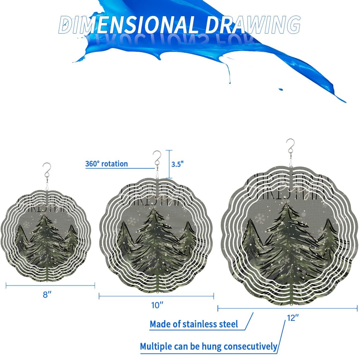 Merry Christmas Wind Spinners, Xmas Tree Snowflake Winter Hanging Wind Spinners for Yard and Garden 3D Stainless Steel Metal Sculptures Crafts Ornaments 12 inch
