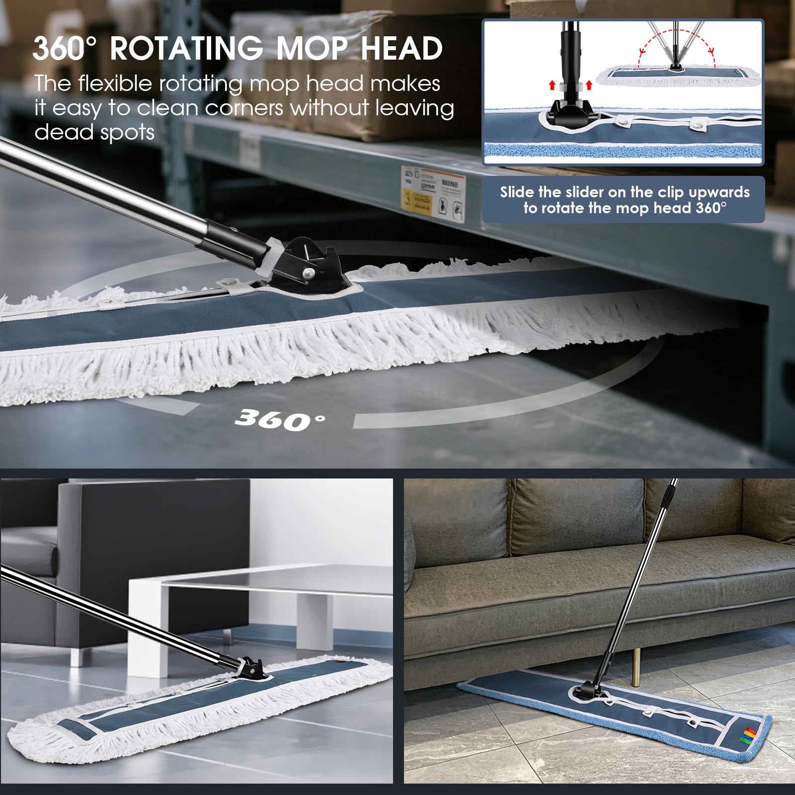 OZD Mocio industriale, largo 105 cm, resistente, con cuscinetti in microfibra e cotone riutilizzabili, per pavimenti duri, laminati e piastrelle, girevole a 360°, per uffici, hotel, garage, ospedali