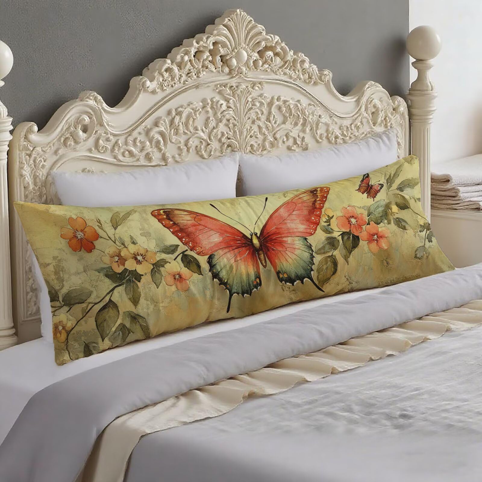 Housse traversin 40x140 cm rose et vert sauge à motif floral avec zip