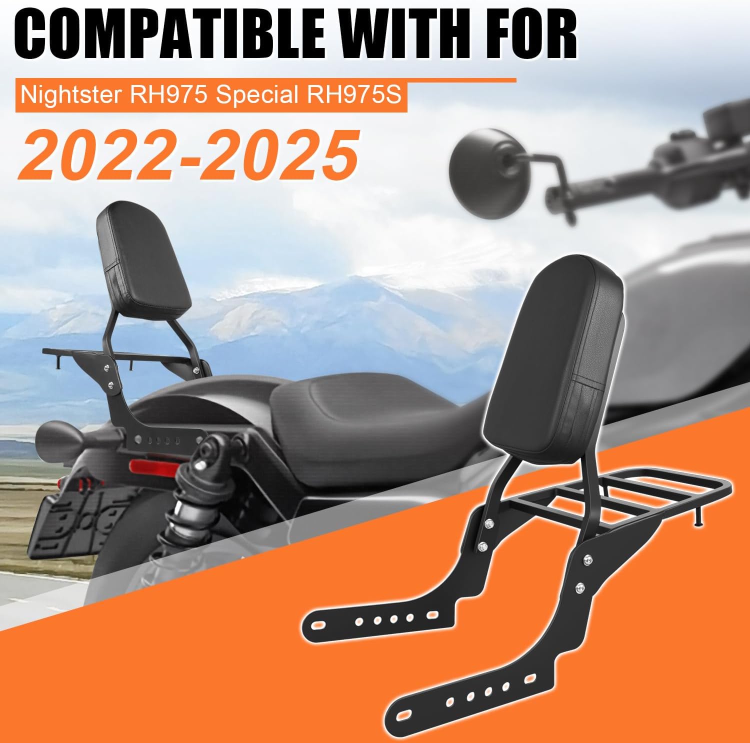 AUFER Motorcyle Rear Passenger Backrest Sissy Bar With Back Rest Cushion Pad Compatible With For Harley Nightster RH975 2022 2023 2024 2025 / Nightster Special RH975S 2023 2024 2025